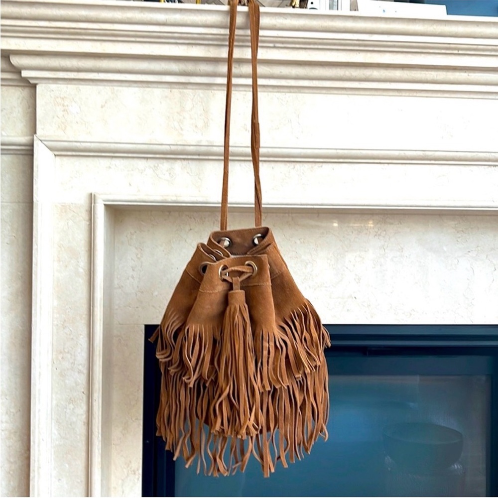 Final price $25 Fringed Tan Suede Bucket Bag Zara. Like new